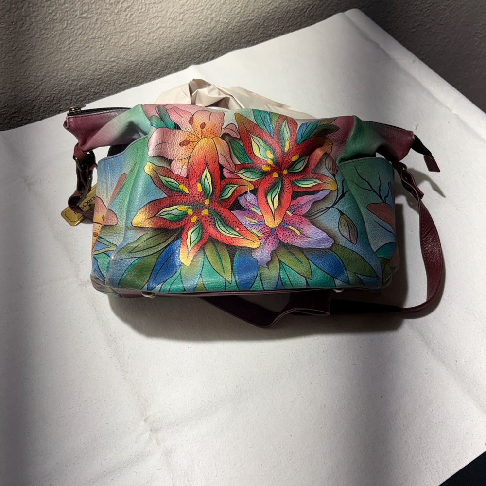 Anuschka Hand-Painted Floral Crossbody in Red, Green, Blue, Pink